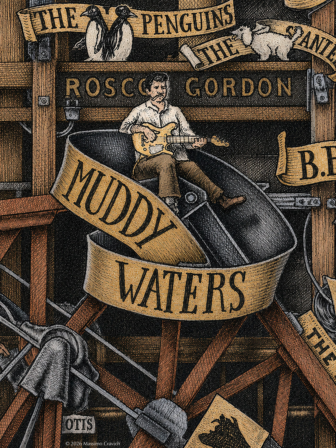 Color illustration depicting Muddy Waters from the drawing "The Great Rock and Roll History"