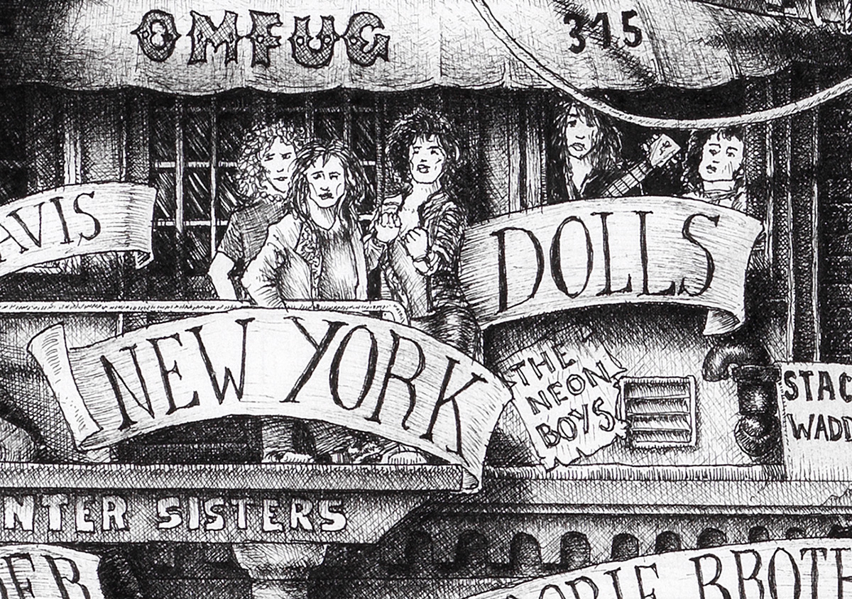 New-York-Dolls-BW Original black and white ink drawing depicting the rock band New York Dolls from the drawing "The Great Rock and Roll History"