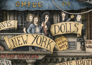Color illustration depicting the rock band New York Dolls from the drawing "The Great Rock and Roll History"