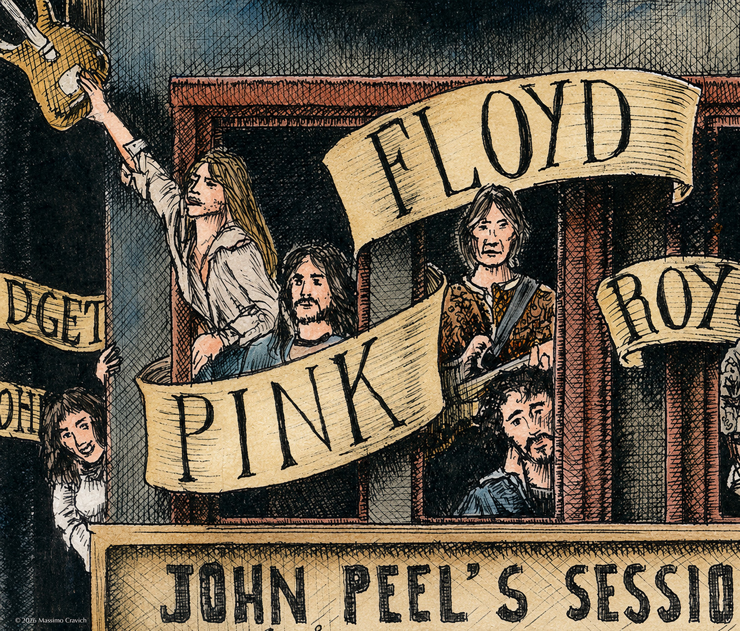 Color illustration depicting the rock band Pink Floyd from the drawing "The Great Rock and Roll History"