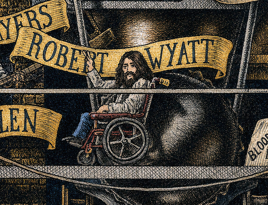 Robert-Wyatt-Color Color illustration depicting Robert Wyatt from the drawing "The Great Rock and Roll History"