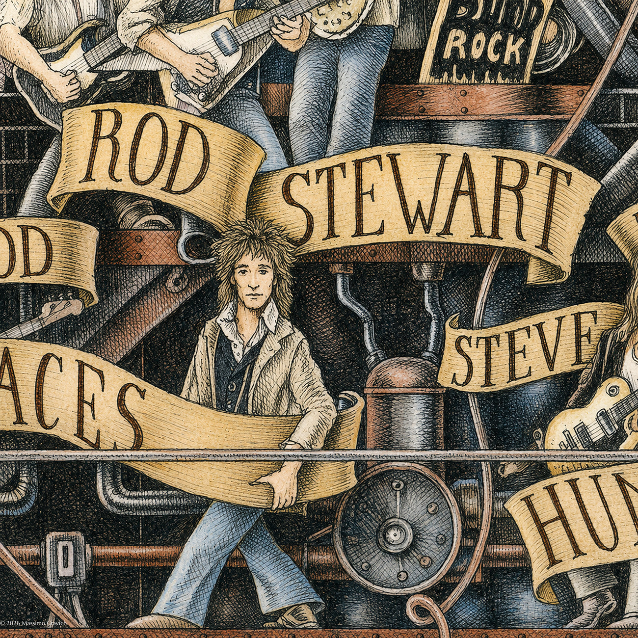 Color illustration depicting Rod Stewart from the drawing "The Great Rock and Roll History"