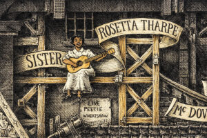 Color illustration depicting Sister Rosetta Tharpe from the drawing "The Great Rock and Roll History"