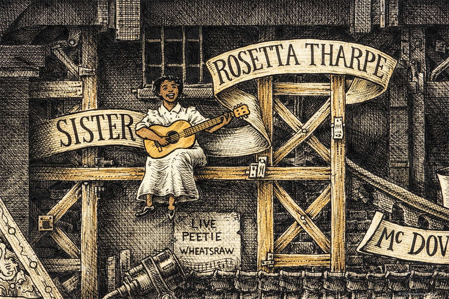 Color illustration depicting Sister Rosetta Tharpe from the drawing "The Great Rock and Roll History"