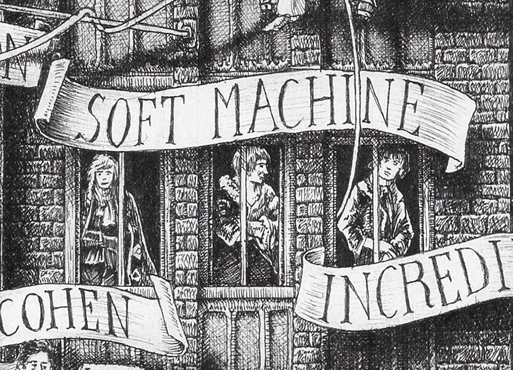 Soft-Machine-BW Original black and white ink drawing depicting the rock band Soft Machine from the drawing "The Great Rock and Roll History"