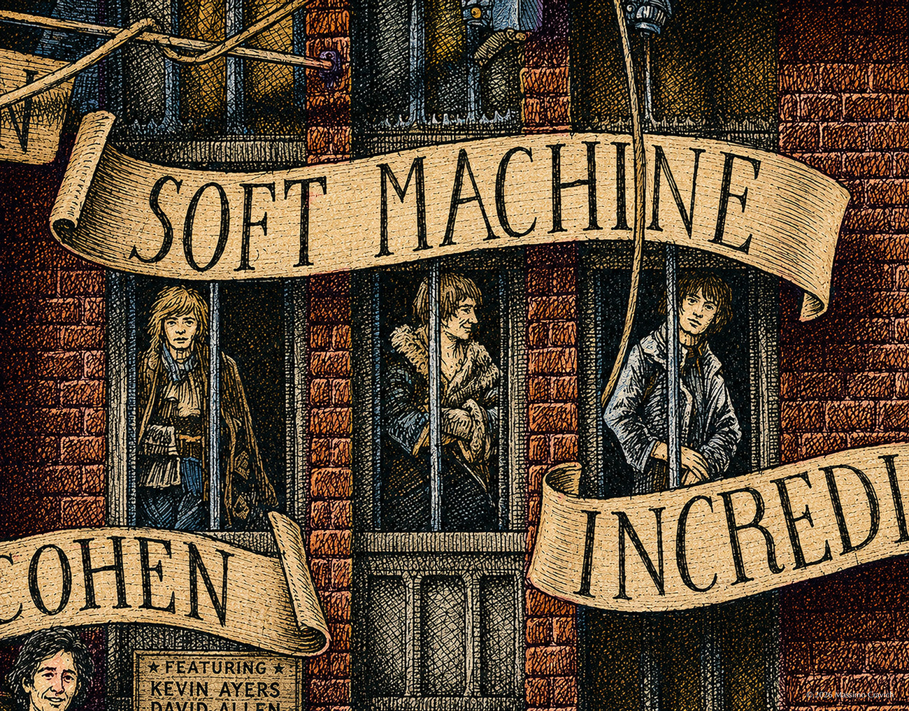 Color illustration depicting the rock band Soft Machine from the drawing "The Great Rock and Roll History"