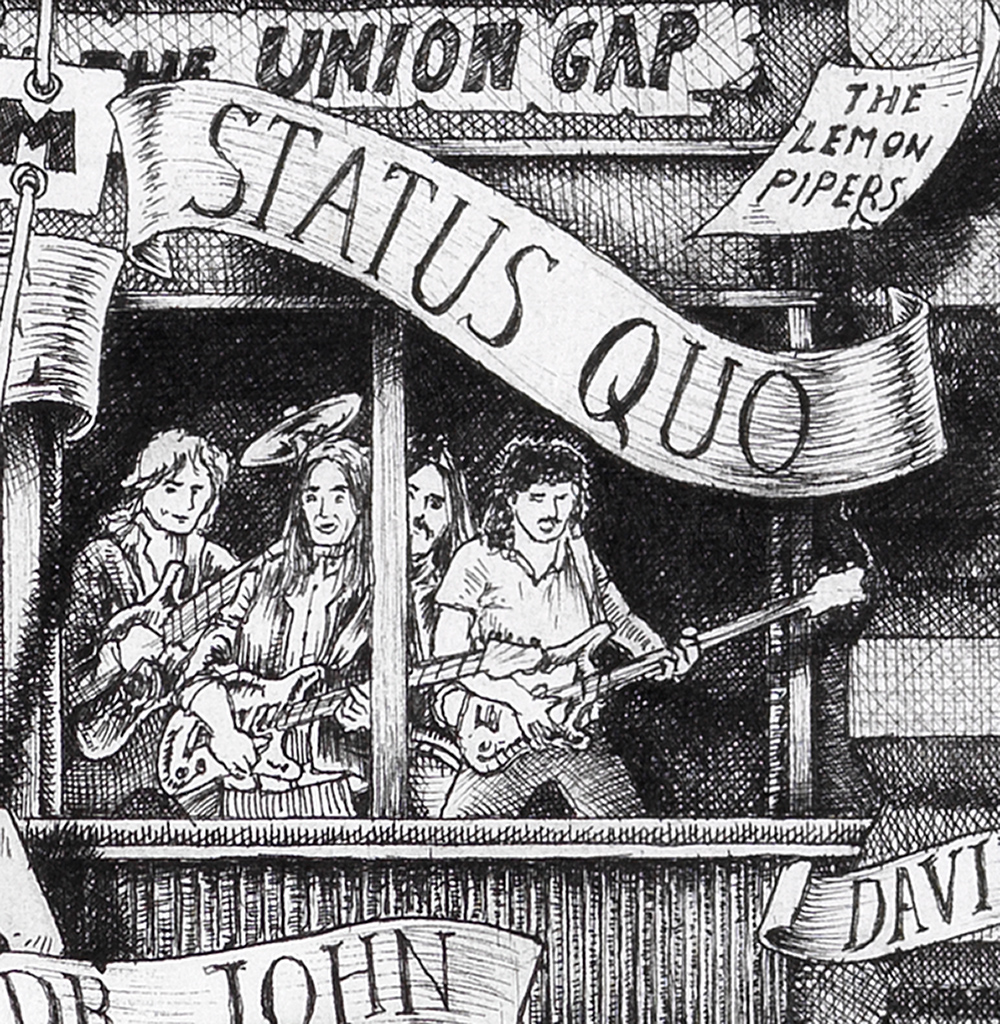 Status-Quo-BW Original black and white ink drawing depicting the rock band Status Quo from the drawing "The Great Rock and Roll History"