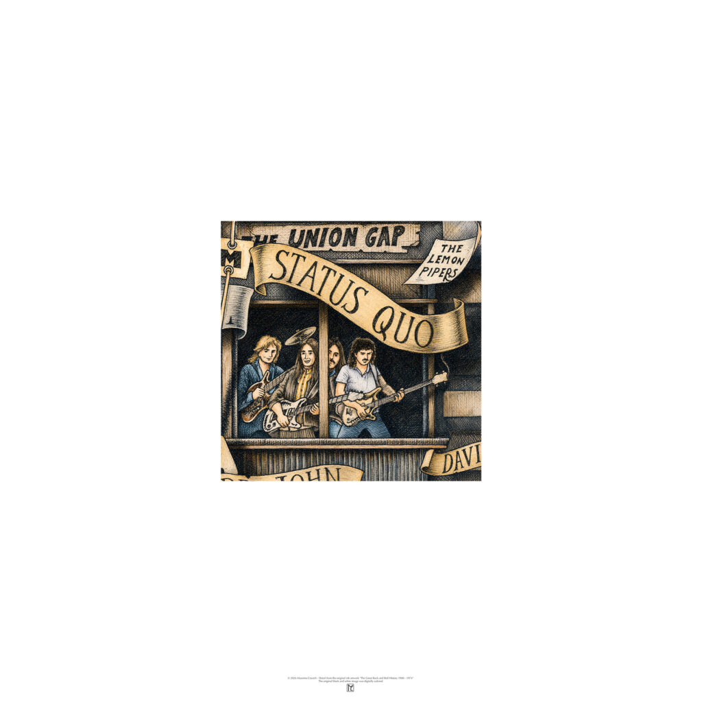 Poster depicting the rock band Status Quo, colored and based on the original drawing "The Great Rock and Roll History"