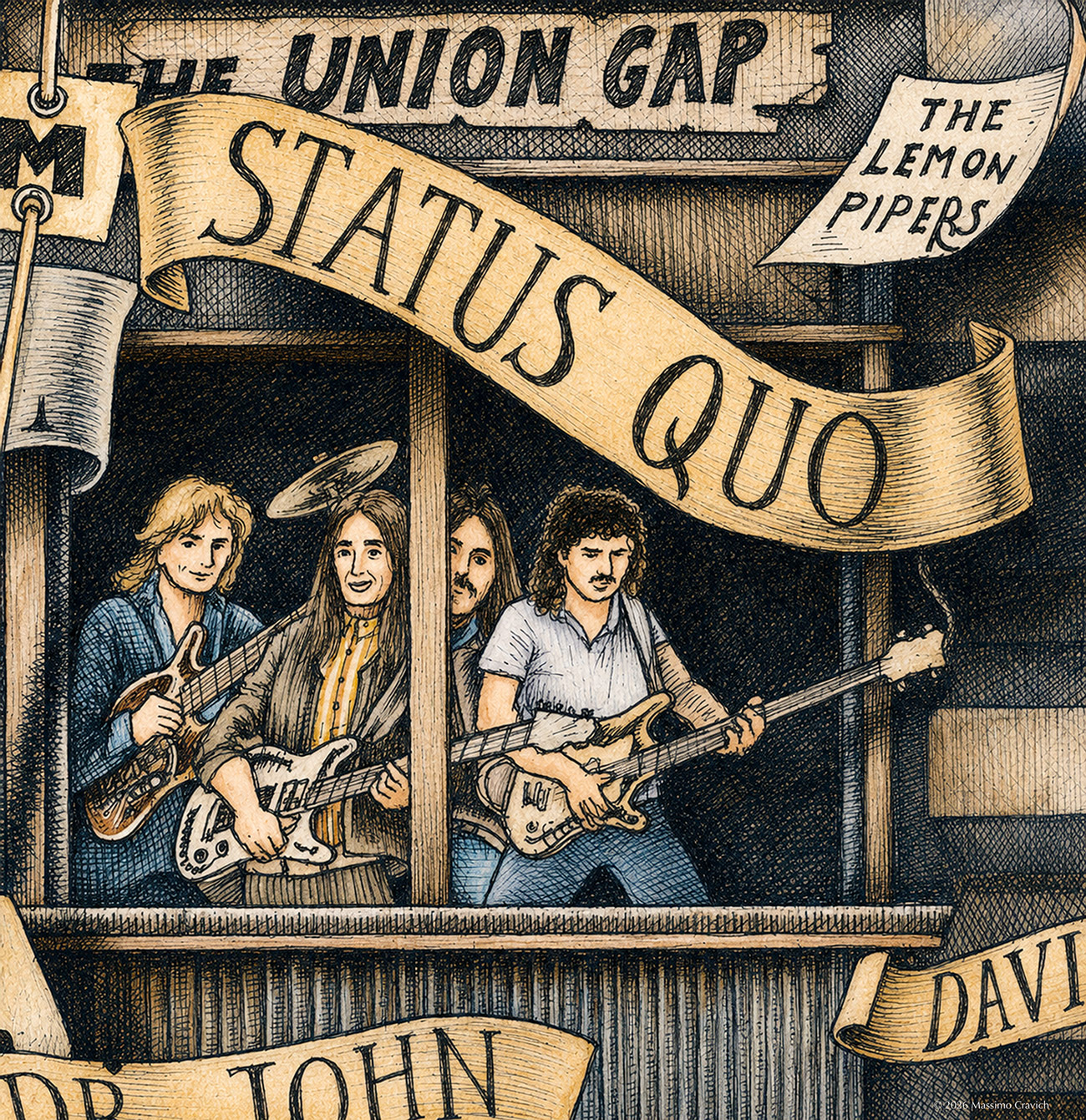 Color illustration depicting the rock band Status Quo from the drawing "The Great Rock and Roll History"