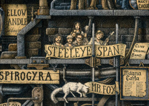 Color illustration depicting the folk rock band Steeleye Span from the drawing "The Great Rock and Roll History"