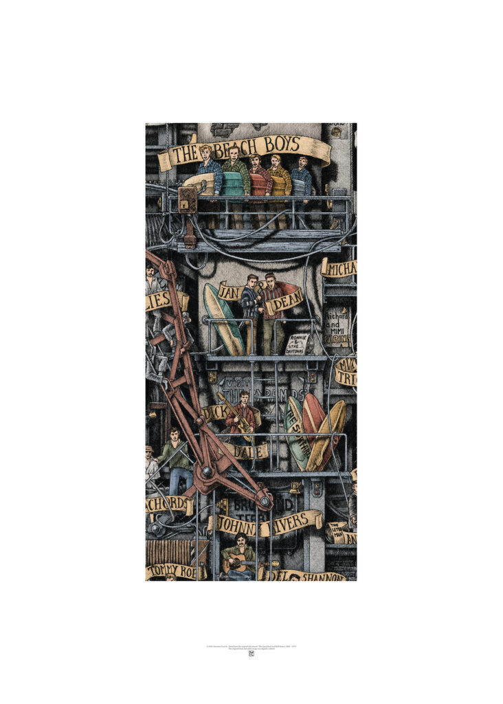 A color poster with an allegorical drawing depicting surf rock band such The Beach Boys and other musicians and groups