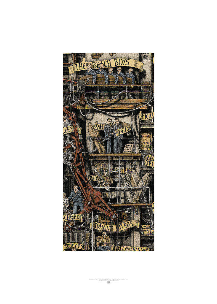 Another color poster with an allegorical drawing depicting surf rock band such The Beach Boys and other musicians and groups