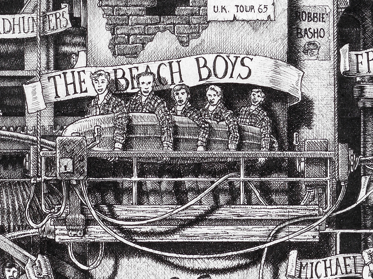 The-Beach-Boys-BW Original black and white ink drawing depicting the rock band The Beach Boys from the drawing "The Great Rock and Roll History"