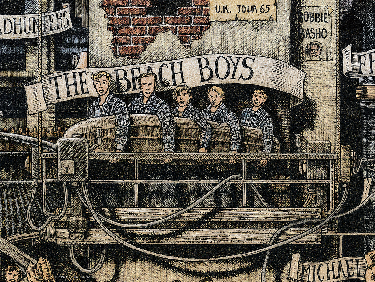 The-Beach-Boys-Color Color illustration depicting the rock band The Beach Boys from the drawing "The Great Rock and Roll History"