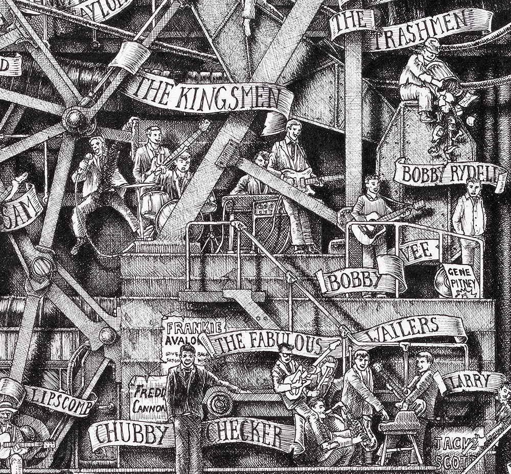 Original black and white ink drawing depicting the rock band The Kingsmen from the drawing "The Great Rock and Roll History"
