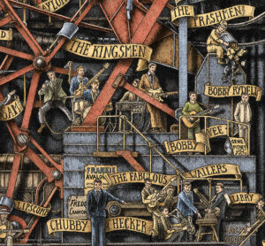 Color illustration depicting the rock band The Kingsmen from the drawing "The Great Rock and Roll History"