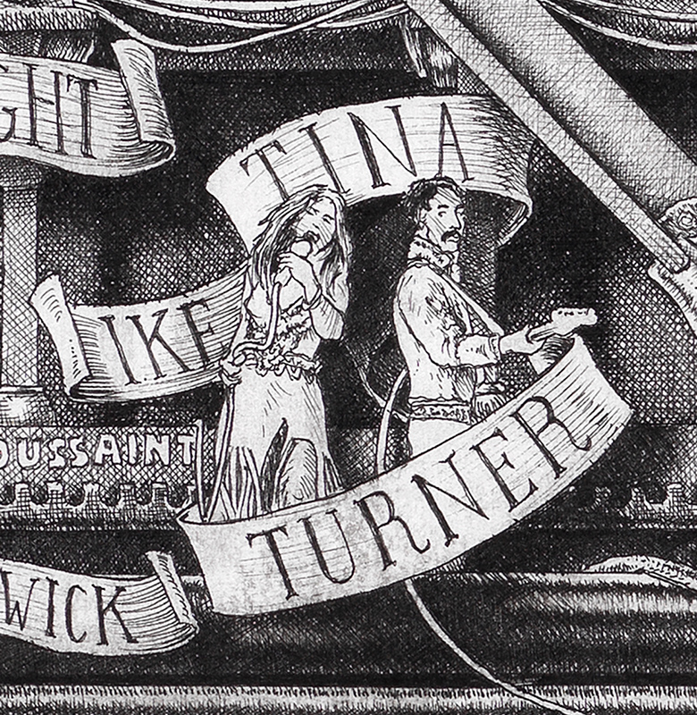 Original black and white ink drawing depicting Ike and Tina Turner from the drawing "The Great Rock and Roll History"
