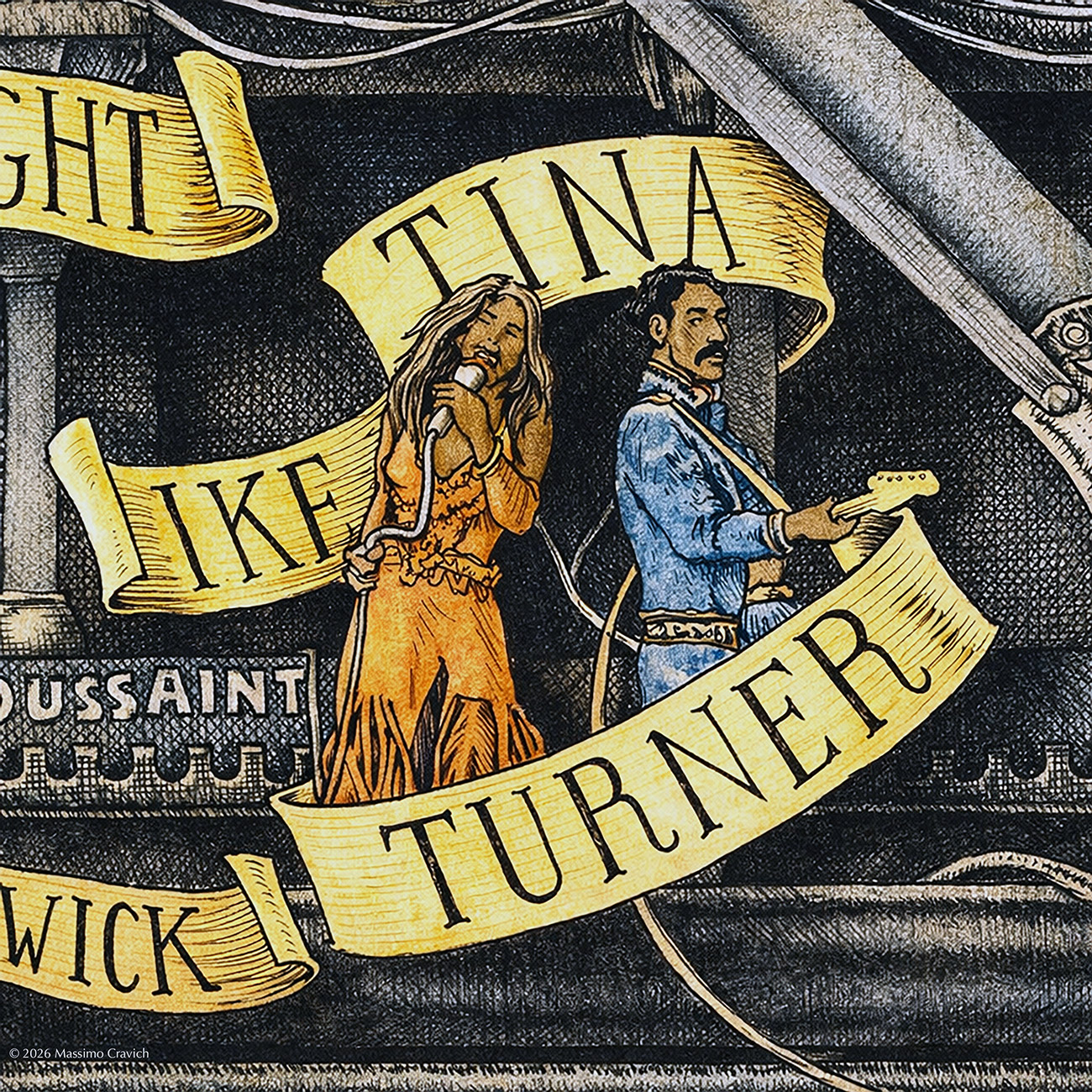 Color illustration depicting Ike and Tina Turner from the drawing "The Great Rock and Roll History"