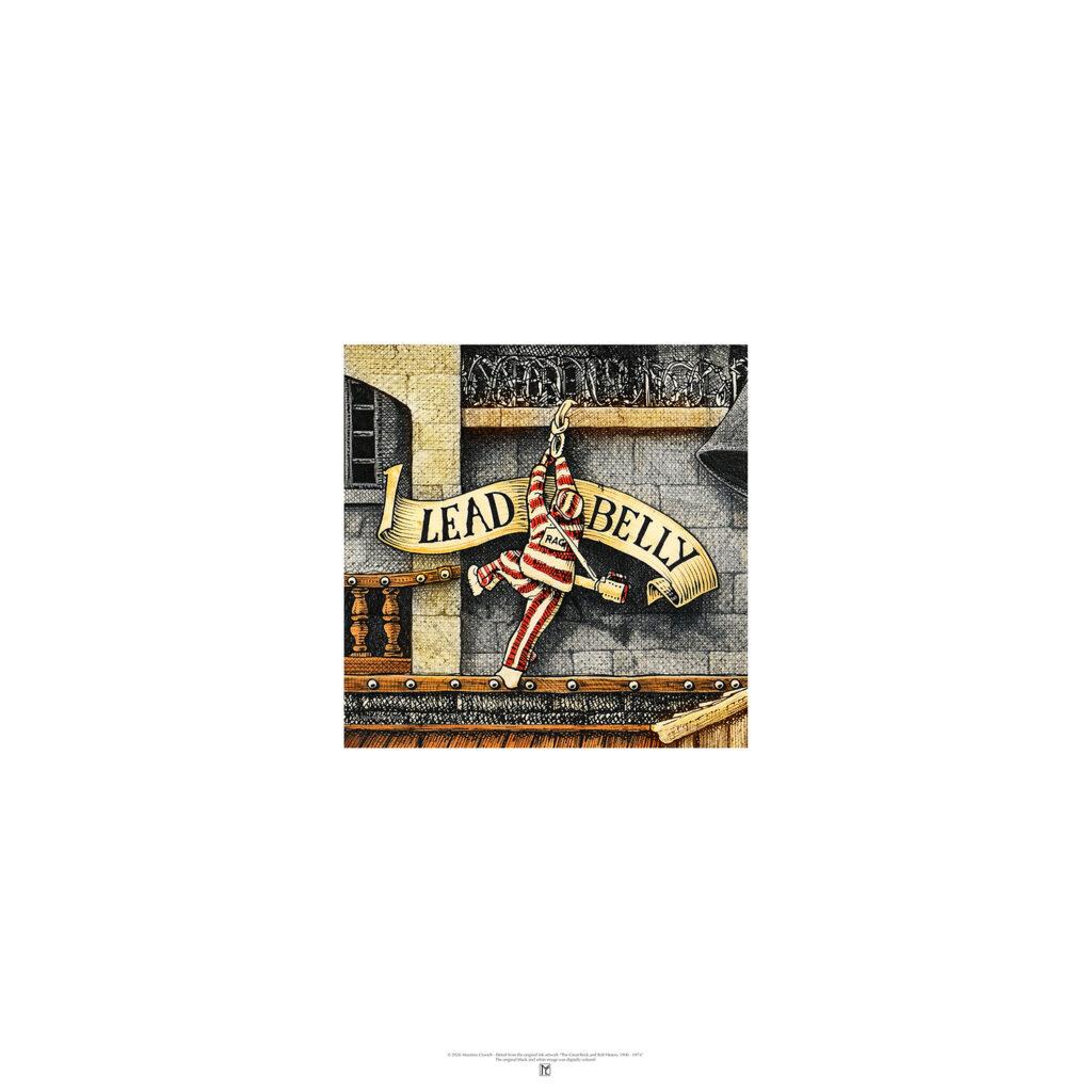 Poster depicting Lead Belly colored and based on the original drawing "The Great Rock and Roll History"