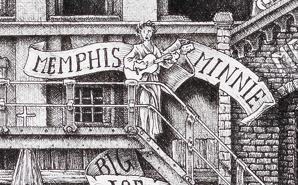 Memphis-Minnie-bw Original black and white ink drawing depicting Memphis Minnie from the drawing "The Great Rock and Roll History"
