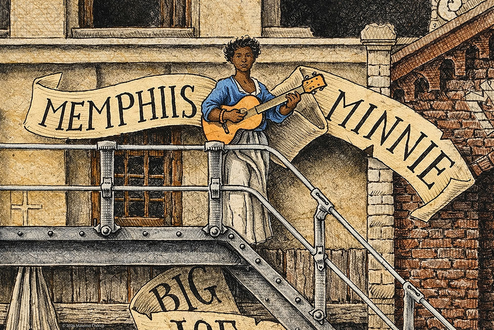 Color illustration depicting Memphis Minnie from the drawing "The Great Rock and Roll History"