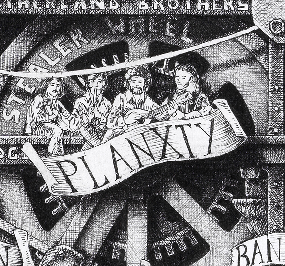 Planxty-BW Original black and white ink drawing depicting the Irish band Planxty from the drawing "The Great Rock and Roll History"