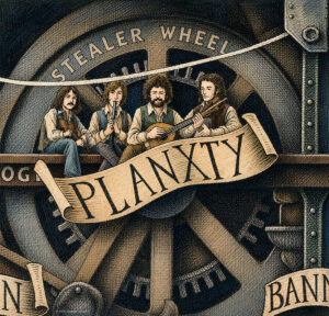 Color illustration depicting the Irish band Planxty from the drawing "The Great Rock and Roll History"