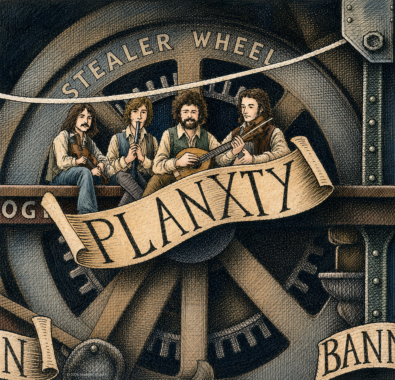 Color illustration depicting the Irish band Planxty from the drawing "The Great Rock and Roll History"
