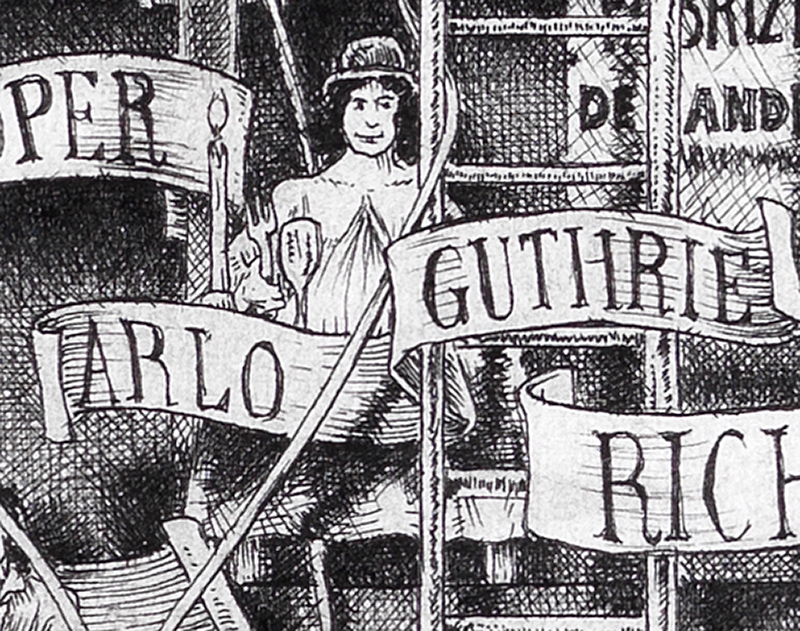 Arlo-Guthrie-BW Original black and white ink drawing depicting Arlo Guthrie from the drawing "The Great Rock and Roll History"