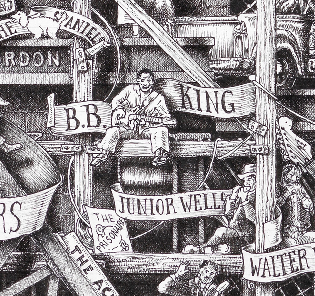 BB-King-BW Original black and white ink drawing depicting BB King from the drawing "The Great Rock and Roll History"