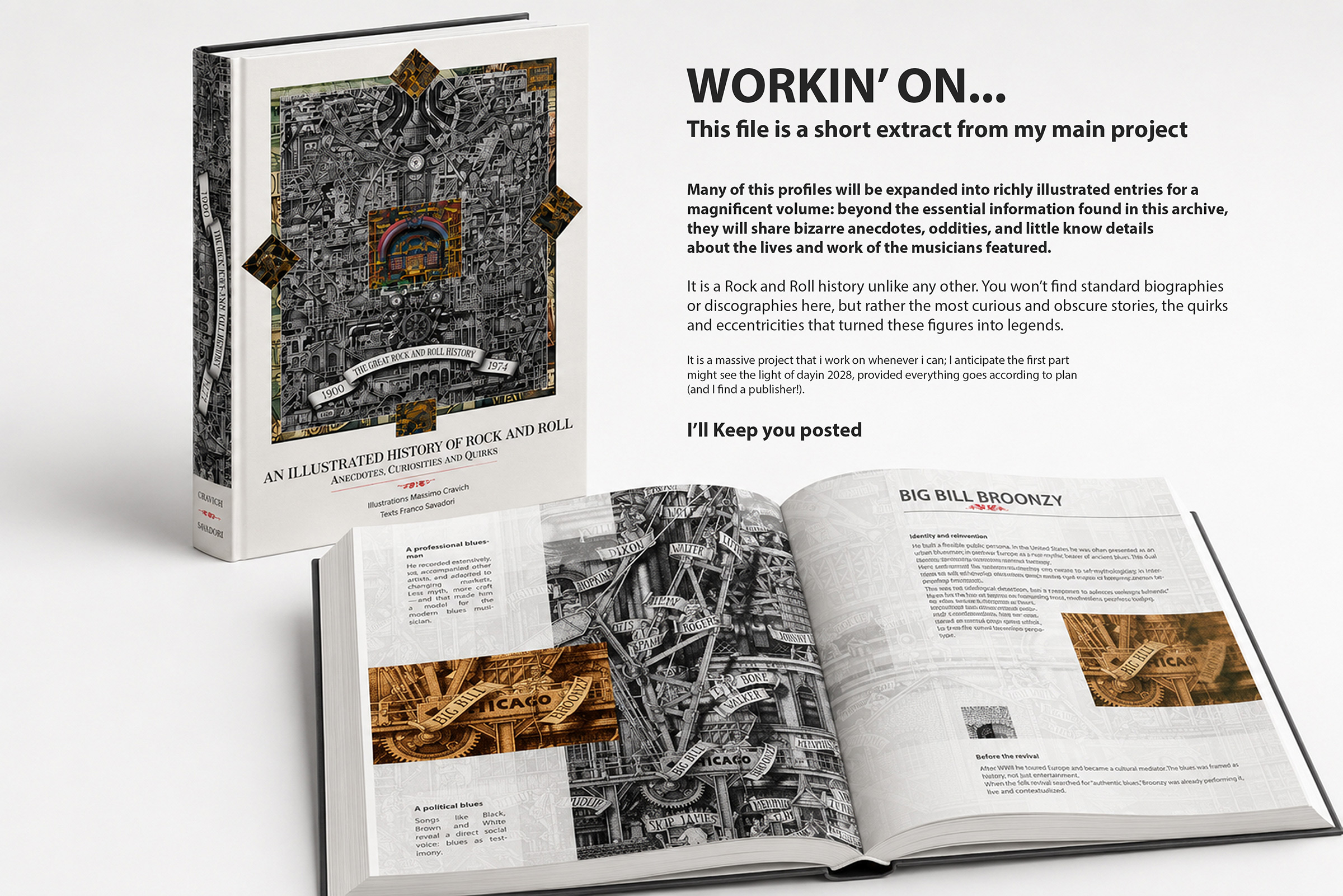 Banner-per-schede-web Book promotion consisting of web pages from the Rock Icons and Stories series and drawings from "The Great Rock and Roll History 1900-1974"