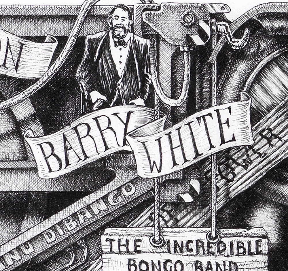 Barry-White-BW Original black and white ink drawing depicting Barry White from the drawing "The Great Rock and Roll History"