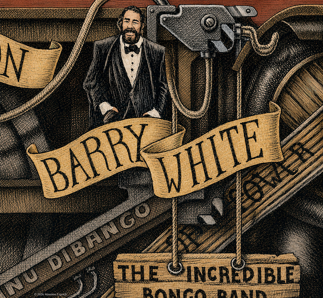 Barry-White-color Color illustration depicting Barry White from the drawing "The Great Rock and Roll History"