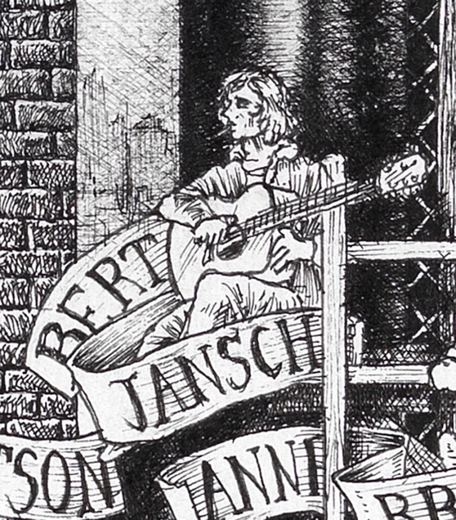 Bert-Jansch-BW Original black and white ink drawing depicting Bert Jansch from the drawing "The Great Rock and Roll History"