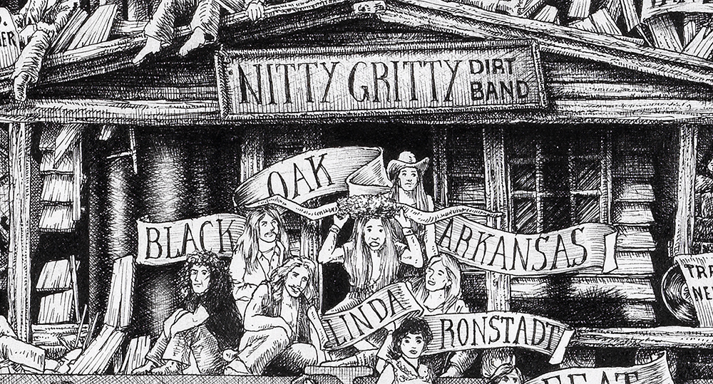 Original Black and White illustration depicting The Black Oak Arkansas from the drawing "The Great Rock and Roll History" by Massimo Cravich