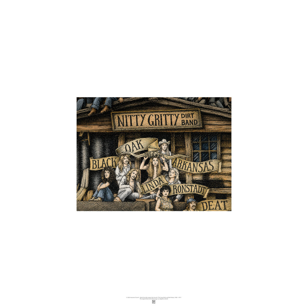 Color poster depicting The Black Oak Arkansas from The Great Rock and Roll History by Massimo Cravich