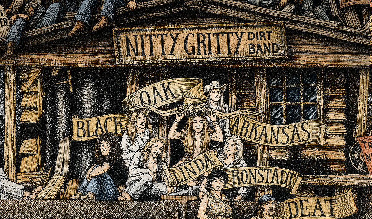 Color illustration depicting The Black Oak Arkansas from the drawing "The Great Rock and Roll History" by Massimo Cravich