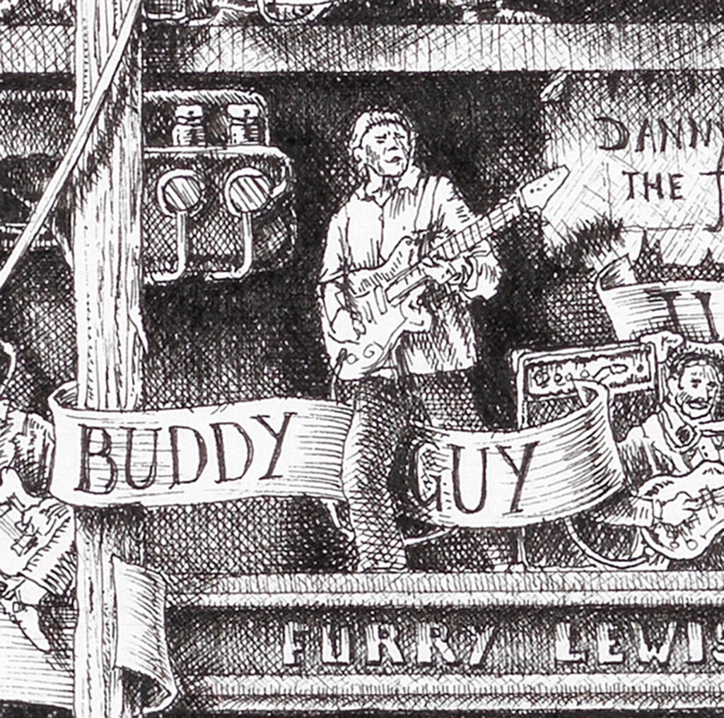 Buddy-Guy-BW Original black and white ink drawing depicting Buddy Guy from the drawing "The Great Rock and Roll History"