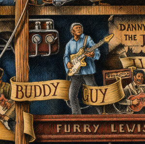 Color illustration depicting Buddy Guy from the drawing "The Great Rock and Roll History"