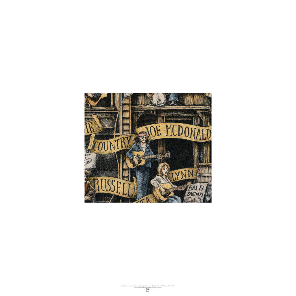 Poster depicting Country Joe McDonald colored and based on the original drawing "The Great Rock and Roll History"
