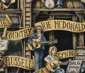 Color illustration depicting Country Joe McDonald from the drawing "The Great Rock and Roll History"