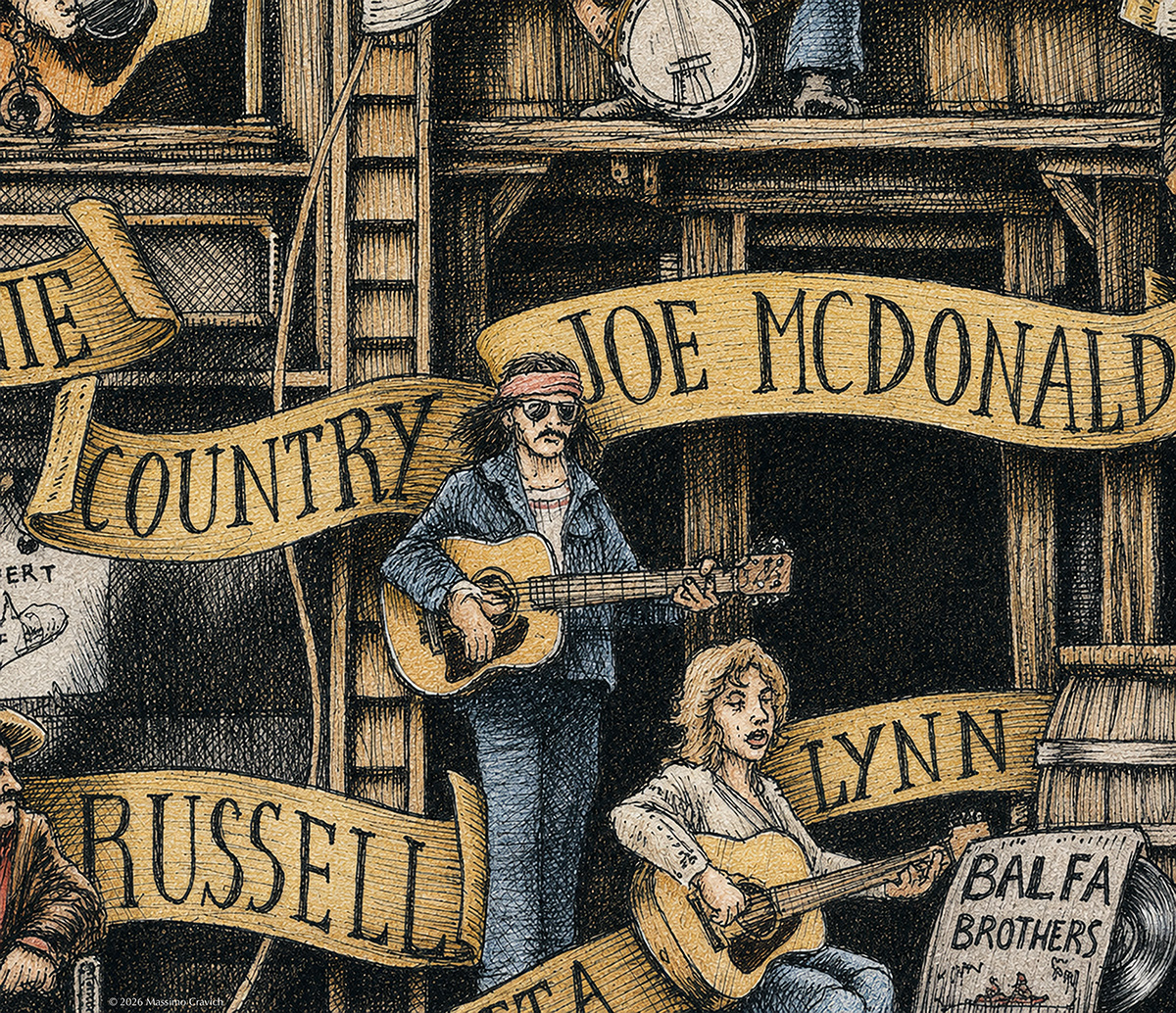Country-Joe-Color Color illustration depicting Country Joe McDonald from the drawing "The Great Rock and Roll History"