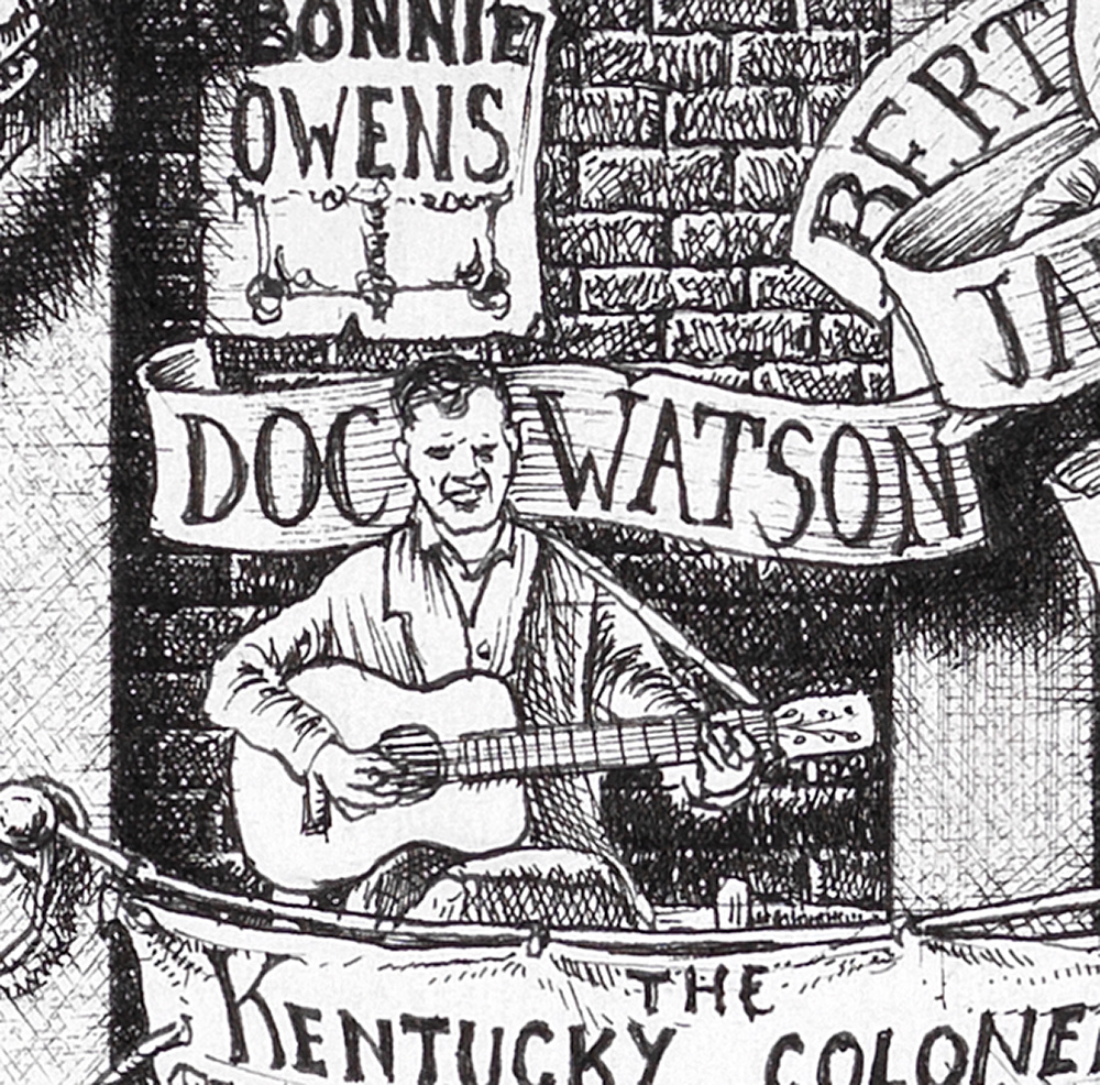 Doc-Watson-BW Original black and white ink drawing depicting Doc Watson from the drawing "The Great Rock and Roll History"