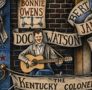Color illustration depicting Doc Watson from the drawing "The Great Rock and Roll History"