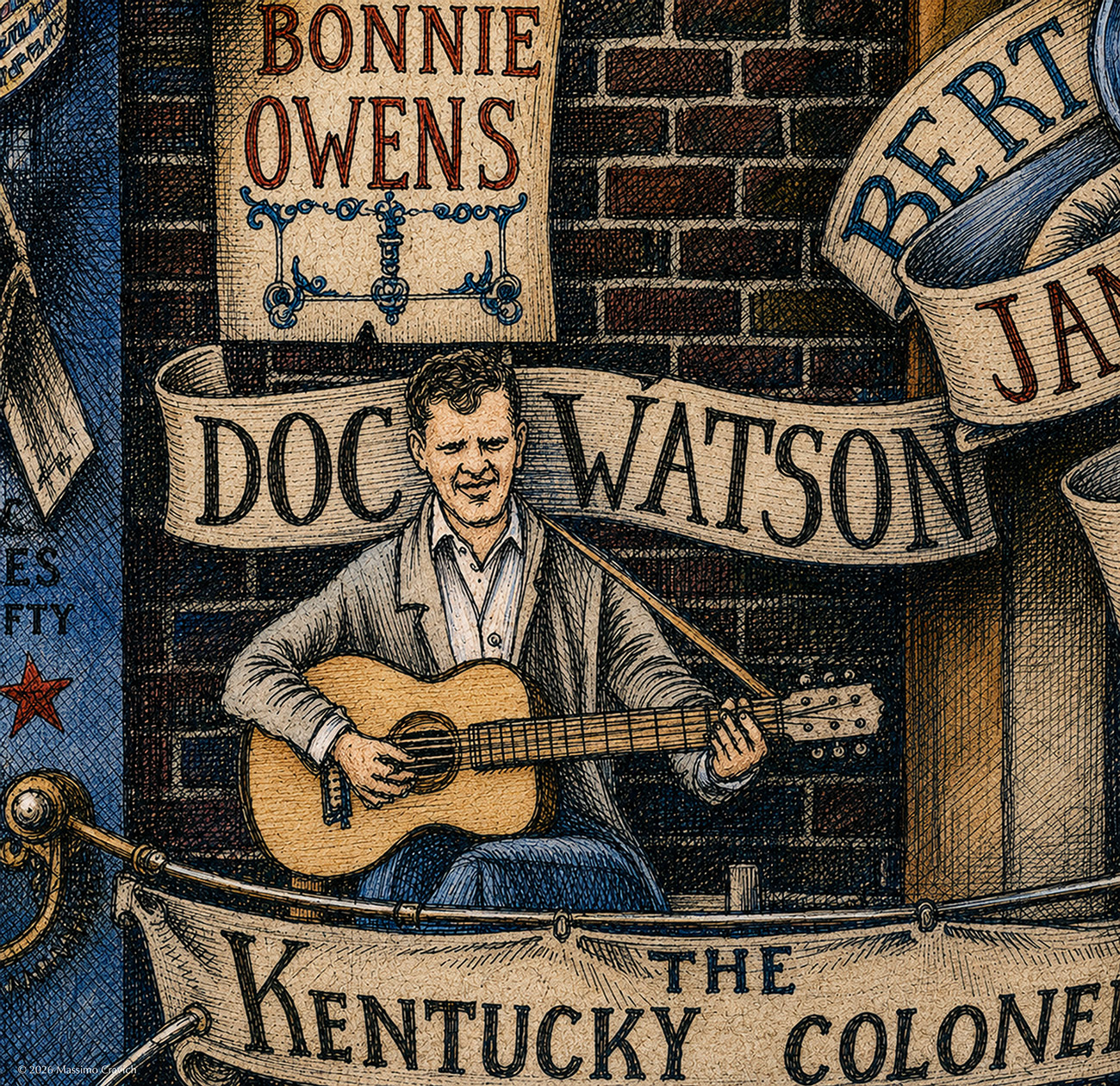 Doc-Watson-Color Color illustration depicting Doc Watson from the drawing "The Great Rock and Roll History"