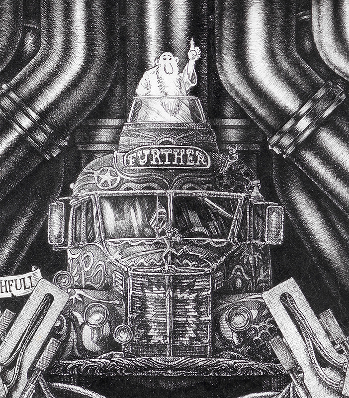Further-up-bw Black and white original from "The Great Story of Rock and Roll" featuring the Merry Pranksters bus with Mr. Natural on board by Robert Crumb
