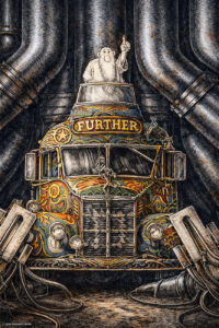 Color drawing from "The Great Story of Rock and Roll" featuring the Merry Pranksters bus with Mr. Natural on board by Robert Crumb