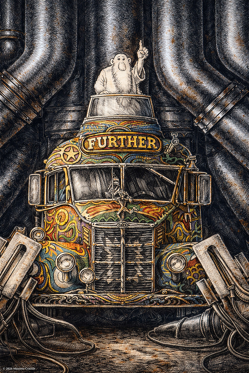 Further-up-color Color drawing from "The Great Story of Rock and Roll" featuring the Merry Pranksters bus with Mr. Natural on board by Robert Crumb
