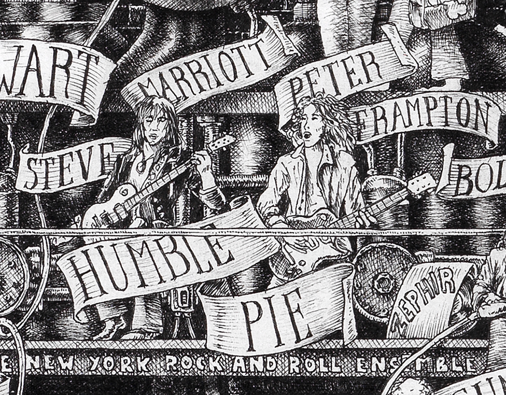 Humble-Pie,-Steve-Marriott-Peter-Frampton-BW Original black and white ink drawing depicting the rock band Humble Pie from the drawing "The Great Rock and Roll History"