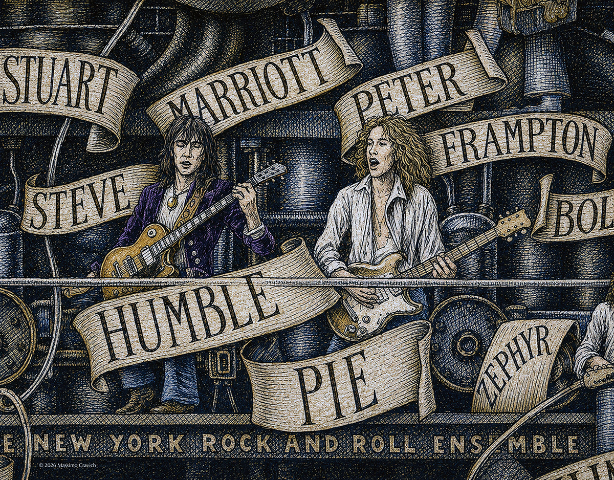 Humble-Pie,-Steve-Marriott-Peter-Frampton-Color Color illustration depicting the rock band Humble Pie from the drawing "The Great Rock and Roll History"